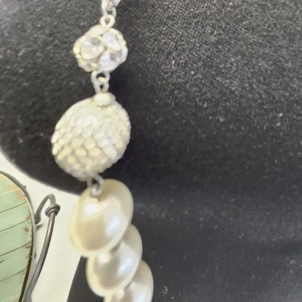Silver Toned Long Necklace, Faux Pearls &  Clear Gemstones, 20